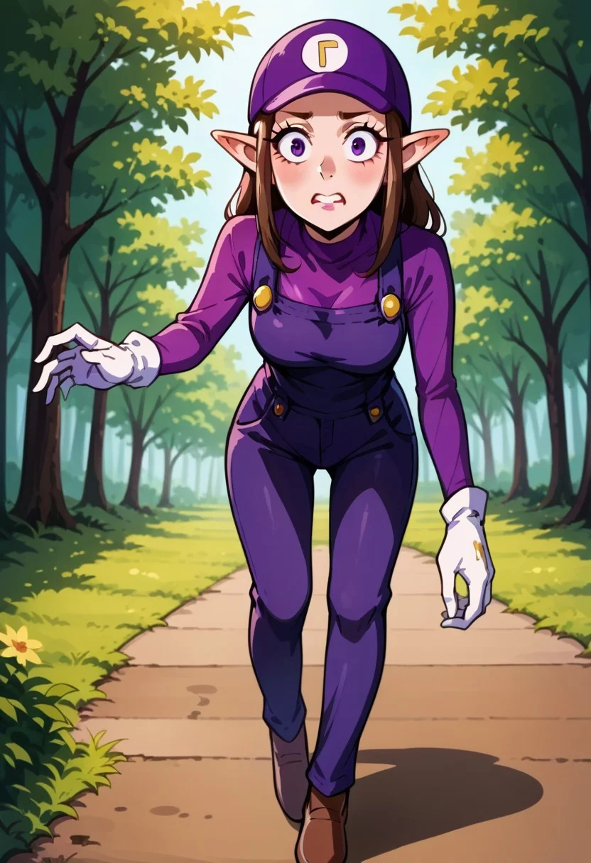 score_9, score_8_up,
{source_anime, 1woman, solo, Waluigi, genderswap \(mtf\), Waluette, no mustache, mature woman, 30 years old, long face, high cheekbones, thin face, very pointy chin, pointy ears, brown hair, hat, purple headwear, purple shirt, long sleeves, overalls, white gloves, brown shoes, long legs, walking down a forest path, from behind perspective, looking over her shoulder,},
<lora:ChamWaluigiPonyXL:1>,
4kFacePonyXL,