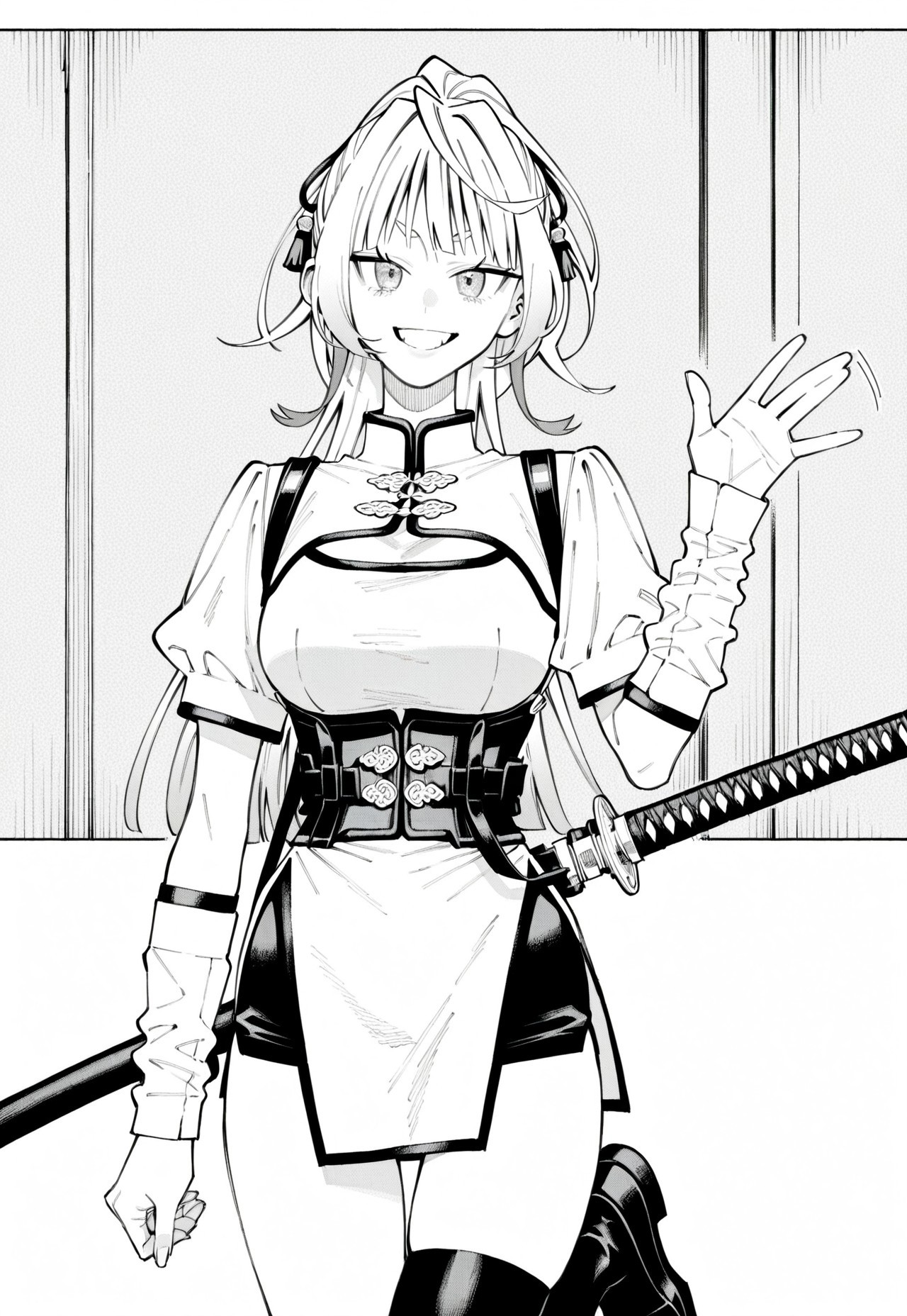nei takarai, long hair, hair ribbons, ponytail, sharp eyes, large breasts, slim waist, manga, monochrome, white high-collar short-sleeve mini-dress with black trim, corset-style waist belt with fasteners, black thigh-high stocking on left leg only with snake emblem, bare right leg, detached white sleeves on forearms with black trim and ornaments on ends, twin sheathed katanas on left side of waist, 2 katanas, 2 sheathes, smiling brightly and waving with her right hand, standing with her weight on one leg