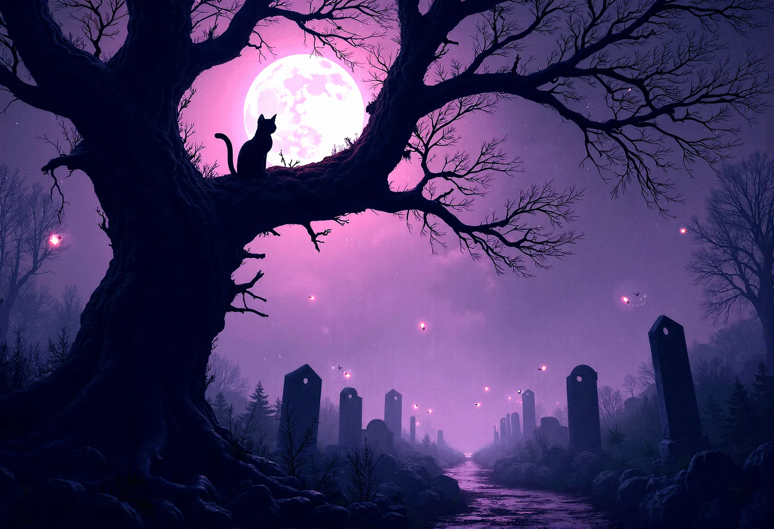 A Gothic-style night scene with a small black cat silhouetted on a twisted tree branch, illuminated by a crescent moon. The scene is awash in deep purple and black hues, with a starry sky adding to the eerie atmosphere. Glowing edges around the cat and tree, along with intricate shadows and Victorian Gothic elements, contribute to the detailed textures and high contrast of this mystical, somber composition.Small, soft glows from fireflies hovering around the tree, adding a magical touch.Soft, unsettling lights emanating from cracks in the earth or near old gravestones.Large, exposed roots twisting through the ground, adding texture and age to the scene.Vague, human-like silhouettes barely visible in the distance, adding a sense of presence.A faint, focused beam of light that highlights the cat, making it the focal point.Thick cobwebs stretched between branches or around old structures, catching the light.Leaves gently rustling and blowing across the ground, adding movement to the scene.Intricate, realistic bark textures on trees, showing every crack and rough surface.Small branches, twigs, and scattered leaves on the ground, adding to the natural disorder.Fog that varies in density, thicker in some areas and thinner in others, creating depth.Colors that appear slightly faded or weathered on plants and structures, adding to the aged, realistic look.