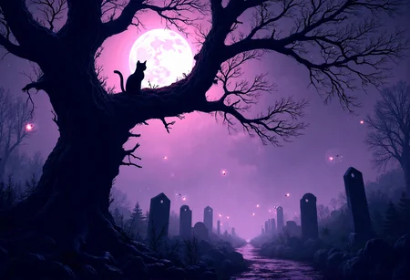A Gothic-style night scene with a small black cat silhouetted on a twisted tree branch, illuminated by a crescent moon. The scene is awash in deep purple and black hues, with a starry sky adding to the eerie atmosphere. Glowing edges around the cat and tree, along with intricate shadows and Victorian Gothic elements, contribute to the detailed textures and high contrast of this mystical, somber composition.Small, soft glows from fireflies hovering around the tree, adding a magical touch.Soft, unsettling lights emanating from cracks in the earth or near old gravestones.Large, exposed roots twisting through the ground, adding texture and age to the scene.Vague, human-like silhouettes barely visible in the distance, adding a sense of presence.A faint, focused beam of light that highlights the cat, making it the focal point.Thick cobwebs stretched between branches or around old structures, catching the light.Leaves gently rustling and blowing across the ground, adding movement to the scene.Intricate, realistic bark textures on trees, showing every crack and rough surface.Small branches, twigs, and scattered leaves on the ground, adding to the natural disorder.Fog that varies in density, thicker in some areas and thinner in others, creating depth.Colors that appear slightly faded or weathered on plants and structures, adding to the aged, realistic look.