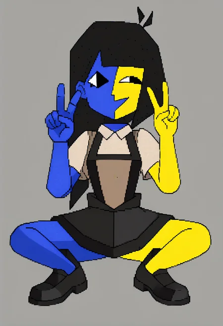 1girl, <lora:Ena:0.85> (solo), colored skin, black hair, yellow skin, blue skin, black eyes, suspenders, shirt, short sleeves, black skirt, black shoe, black boot, v sign,
simple background,