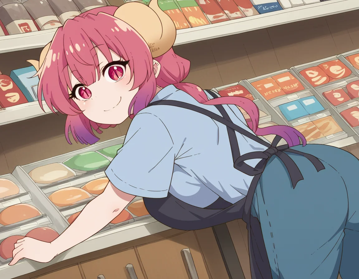 score_9, score_8_up, score_7_up, source_anime,
dragonilulu, <lora:dragon-ilulu-s2-ponyxl-lora-nochekaiser:1>,
ilulu, curled horns, horns, long hair, multicolored hair, purple hair, red eyes, red hair, slit pupils, large breasts,
shirt, short sleeves, apron, blue shirt, black apron, pants,
indoors, bent over, smile, shop,
looking at viewer, cowboy shot, dutch angle, solo,