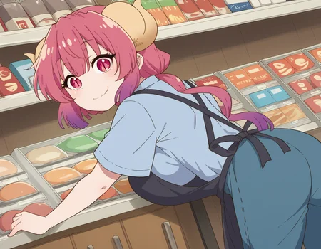 score_9, score_8_up, score_7_up, source_anime,
dragonilulu, <lora:dragon-ilulu-s2-ponyxl-lora-nochekaiser:1>,
ilulu, curled horns, horns, long hair, multicolored hair, purple hair, red eyes, red hair, slit pupils, large breasts,
shirt, short sleeves, apron, blue shirt, black apron, pants,
indoors, bent over, smile, shop,
looking at viewer, cowboy shot, dutch angle, solo,