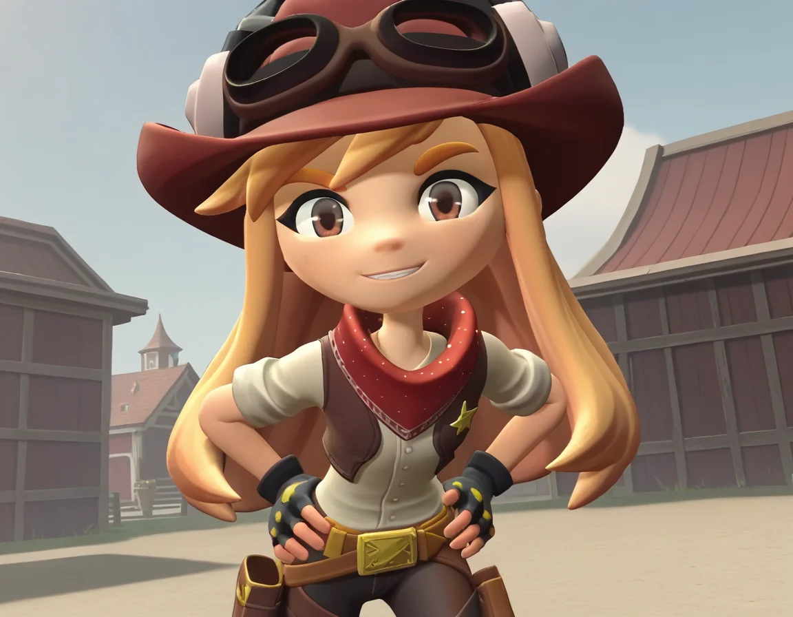 score_9, score_8_up, score_7_up, source_anime,
meggyspletzer, <lora:meggy-spletzer-ponyxl-lora-nochekaiser:1>,
meggy spletzer, long hair, blonde hair, brown eyes, 3d,
gloves, hat, pants, fingerless gloves, eyewear on head, cowboy hat, cowboy western,
outdoors, dessert, hands on hips, smile, bent over,
looking at viewer, cowboy shot, dutch angle, solo,
