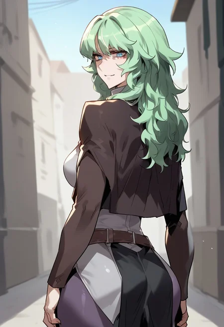 zPDXL3, score_9_up, score_8_up, score_7_up, (Anime_source), 1girl, VivianBelkan blue eyes, green hair, long hair, Vivian clothes, looking back, looking at viewer, smile, cowboy shot