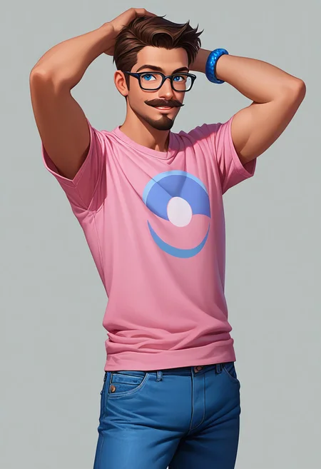 score_9, score_8_up, score_7_up, mgas, masterpiece, best quality, detailed eyes, detailed face, perfect eyes, high detailed, absurdres, highres, casual game art, mobile game art, merge 3 game art, character design, BREAK 1boy, man, mature, solo, brown short hair, beard and mustache, square glasses in a black frame, blue eyes, smile, teeth, pink T-shirt with a dark film camera pattern, blue jeans, phone peeking out of the right pocket, blue bracelet on the left hand, BREAK ((arms raised above shoulders)), ((he adjusts his hair with his hands)), standing, cowboy shot, looking to the left, BREAK simple background, gray background