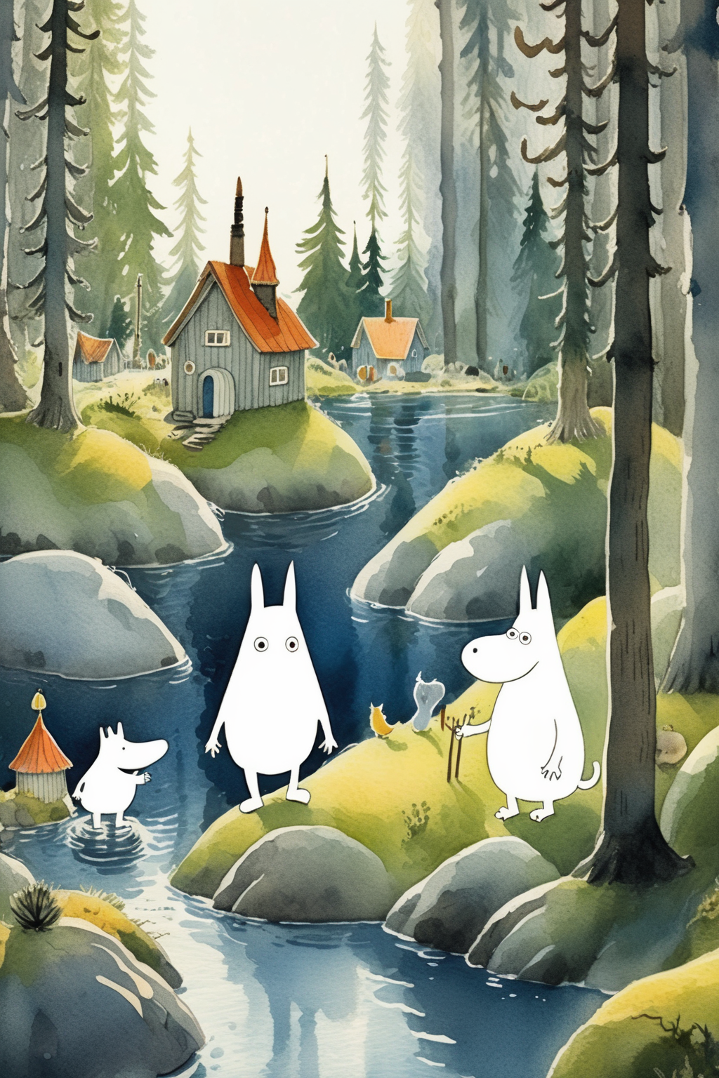 <lora:Tove Jansson Style:1>Tove Jansson Style - Moomin in Moominvalley + illustration by Tove Jansson, sunlight, highly detailed, sharp focus, 8K, beautiful watercolour painting