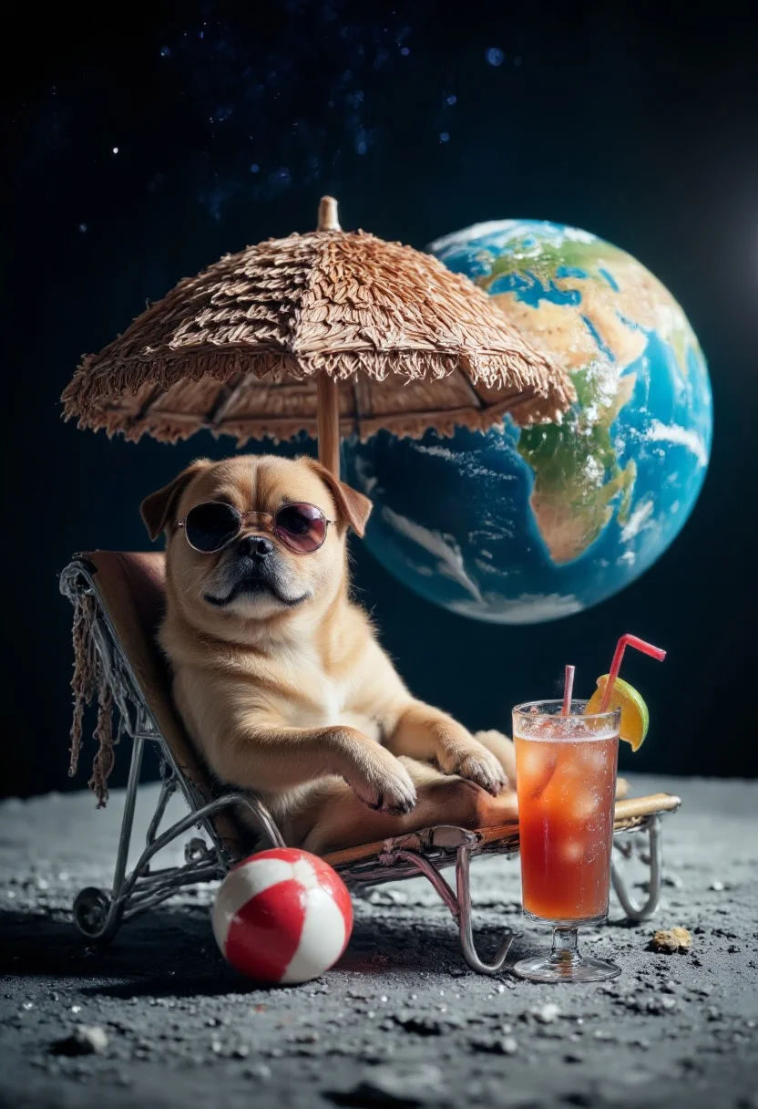 Surface of the Moon. A funny pug in sunglasses is relaxing on a beach lounger under a beach umbrella. Next to the cute pug there is a table with a cold cocktail with a straw on it. There is a beach ball nearby. The big planet Earth is in the background of the pug on the Moon. Adorable, cute, funny, 3D illustration. bokehmachine, secretlab, detailmaximizer, midjourneyv6.1