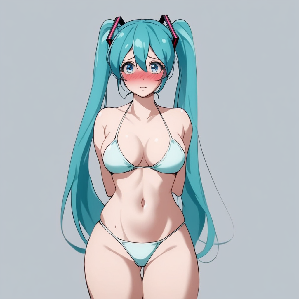 score_9, score_8_up, score_7_up, source_anime, expressive, anime, (T5UM4N3T0R1:1.2), Artist speedlines, dynamic, 1girl, (hatsune_miku), aqua hair, twintails, blue eyes, (white bikini), large breasts, skinny, thick thighs, navel, standing, shy, blush, blushing, embarrassed, sensual, horny, longing, looking at viewer, source_hentai, simple background