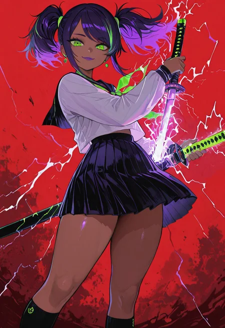 masterpiece, best quality, good quality, very awa, newest, highres, absurdres,
1girl, dark skin, dark skinned female, (young:1.3), swept bangs, medium, purple hair, green highlights, glowing yellow eyes, thunder, electricity, purple lips
, looking at viewer, smile, shirt, Short skirt, holding, twintails, school uniform, white shirt, weapon, earrings, pleated skirt, socks, serafuku, sword, holding weapon, kneehighs, blood, holding sword, black socks, katana, sheath, red background, scabbard, unsheathing, holding sheath, wind,
feet out of frame, Thick thighs,
low view, ember, limited palette, <lora:illustriousXL_stabilizer_v1.23:0.3> <lora:NOOB_vp1_detailer_by_volnovik_v1:0.3> <lora:ponyv6_noobE11_2_adamW-000017:0.3> <lora:114558v4df2fsdf5:0.6> <lora:XXX667:0.4> <lora:mon_monmon2133:0.5>