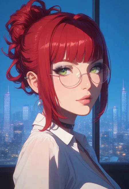 score_9,score_8_up,score_7_up,score_6_up,score_5_up,score_4_up, bboil artist style, digital art, female portrait, semi-realistic, 3D illustration, GLSHS, high-resolution, 1girl, solo, mature woman, partially covered in shadow, partially illuminated, pastel colors. city skyline in window, glass office background, night, goth girl, red hair. close-up, wearing a suit, pretty girl with tied hair, wearing round glasses, green eyes, lips, makeup, looking at viewer, side view,