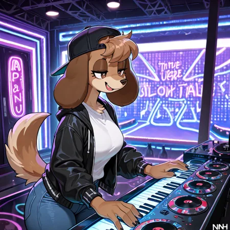 masterpiece, best quality, newest, absurdres, highres, furry, perfect anatomy, 4nn4h,1girl,solo,furry,furry female,a girl,dog ears,long ears,brown hair,short hair,brow eyes,snout,animal nose,body fur,brown fur,dog tail, indoors, club, nightclub, dj, disc jockey, playing music, white shirt, black jacket, blue pants, denim, backwards cap, backwards hat, happy, smiling, half-closed eyes,