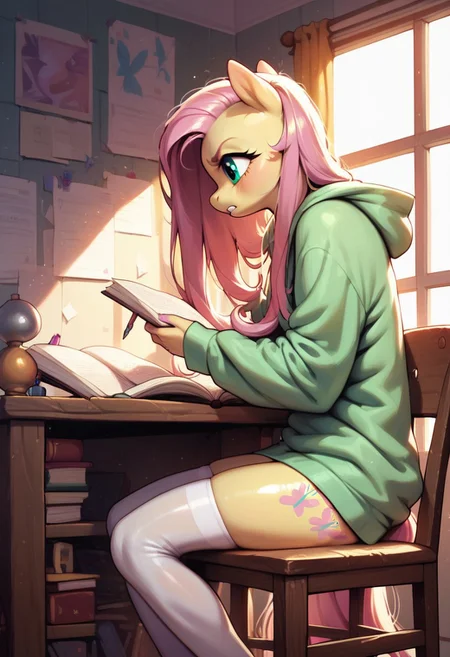 score_9, score_8_up, score_7_up, score_6_up, semi-realistic artwork, detailed background, high quality, vibrant colors, best quality rendering, intricate details, high resolution, sharp focus, best render quality, (background-room, study, table, homework, glowing desk light), side view,
1girl, solo, {Fluttershy (anthro pony) long hair, 18 yo, narrow shoulders, skinny, shiny skin,
oversized hoodie, white thigh-high socks,
dynamic pose, sitting chair, doing homework, studying,
shy, pensive, angry,