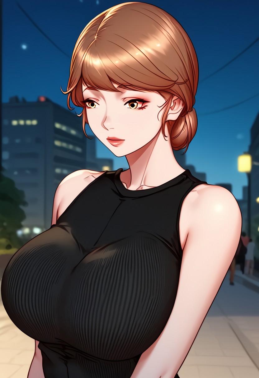 score_9, score_8_up, score_7_up, 
eunmijung, 1girl, solo, brown eyes, brown hair, short hair, single hair bun, bangs, cleavage, mature female, large breasts, bare shoulders, collarbone, cleavage,
outfit3, black sweater, sleeveless sweater, ribbed sweater, turtleneck, skirt,
outdoors, nigh, city lights,
Expressiveh, pastel colors, intricate details