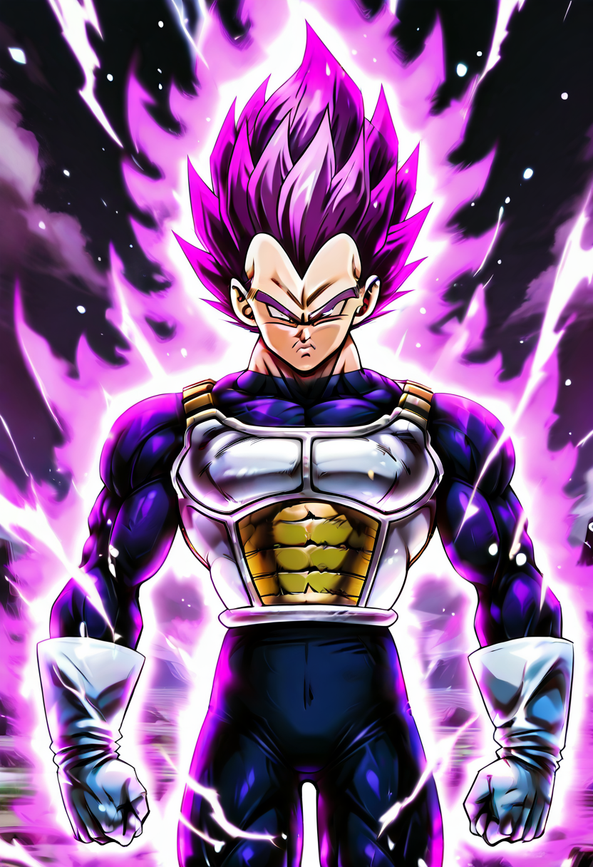 masterpiece, best quality, dbzhyp3ABL, solo, 1boy, pink hair, purple hair, spiked hair, white gloves, armor, saiyan armor, muscular, clenched hand, serious, aura, vegeta, male focus  â Vegeta stands poised for battle, his muscular form outlined by the sleek Saiyan armor that clings to his body. His spiked pink and purple hair crackles with energy, reflecting the intensity of his transformation. His serious expression speaks of determination and focus, as his clenched hand crackles with the immense power of his aura. The white gloves, adorned with battle-worn marks, only add to his intimidating appearance, accentuating the aura of a warrior at the peak of his strength. The air around him hums with electric energy, signaling the immense power heâs preparing to unleash. Vegetaâs stance exudes confidence, as if heâs already anticipating victory in the next clash.,   <lora:DragonballHype_NAI:1.0>,