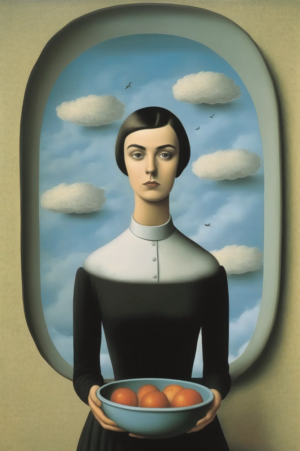 <lora:Rene Magritte Style:1>Rene Magritte Style - Rene Magritte emily dickinson in a bowlder