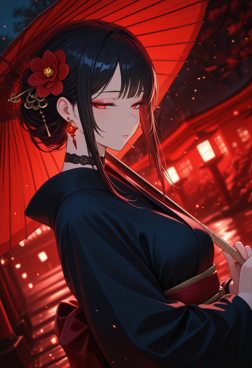 (masterpiece, best quality:1.2), amazing quality, very aesthetic, 32k, absurdres, newest, scenery,  
1girl, solo, long hair, looking at viewer, black hair, hair ornament, red eyes, holding, closed mouth, jewelry, upper body, flower, sidelocks, outdoors, earrings, japanese clothes, choker, day, hair flower, kimono, character focus, tree, sash, makeup, umbrella, red flower, nature, holding umbrella, black kimono, oil-paper umbrella, red umbrella, red theme, glowing, east asian architecture,
,half-closed eyes, mature female,
,dutch angle, dark background, (night:0.8), blurry background, glowing light particles, depth of field <lora:PHM_style_IL_v3.3:1.0>