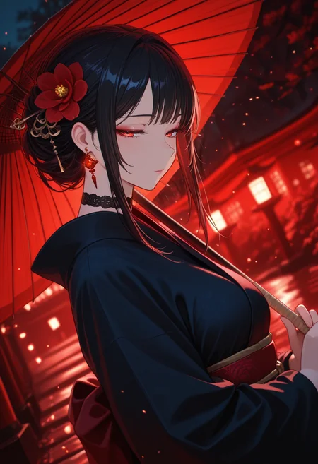 (masterpiece, best quality:1.2), amazing quality, very aesthetic, 32k, absurdres, newest, scenery,
1girl, solo, long hair, looking at viewer, black hair, hair ornament, red eyes, holding, closed mouth, jewelry, upper body, flower, sidelocks, outdoors, earrings, japanese clothes, choker, day, hair flower, kimono, character focus, tree, sash, makeup, umbrella, red flower, nature, holding umbrella, black kimono, oil-paper umbrella, red umbrella, red theme, glowing, east asian architecture,
,half-closed eyes, mature female,
,dutch angle, dark background, (night:0.8), blurry background, glowing light particles, depth of field <lora:PHM_style_IL_v3.3:1.0>