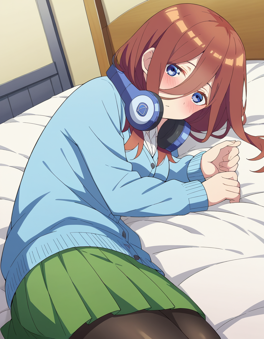 score_9, score_8_up, score_7_up, source_anime,
mikunakano, <lora:miku-nakano-s2-ponyxl-lora-nochekaiser:1>, 
miku nakano, long hair, bangs, blue eyes, brown hair, shirt, hair between eyes, headphones, cardigan, headphones around neck,
skirt, shirt, long sleeves, white shirt, pantyhose, pleated skirt, black pantyhose, cardigan, green skirt, blue cardigan,
indoors, bed, bed room, on side, blush, drunk,
looking at viewer, cowboy shot, dutch angle, solo,