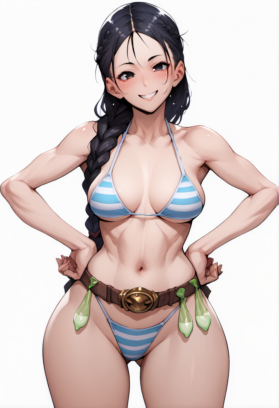 score_9, score_8_up, score_7_up, score_6_up, score_5_up, score_4_up,
1 girl,  view from front,
standing, hands on own hips,
looking at the viewer, smile, blush,
braid, long hair, black hair,
medium breasts, narrow waists, wide hips,
striped bikini, string bikini,
condom belt,
white background, simple background,
<lora:Concept_XL_Pony_Condom_Belt:1>  <lora:bonten:1>