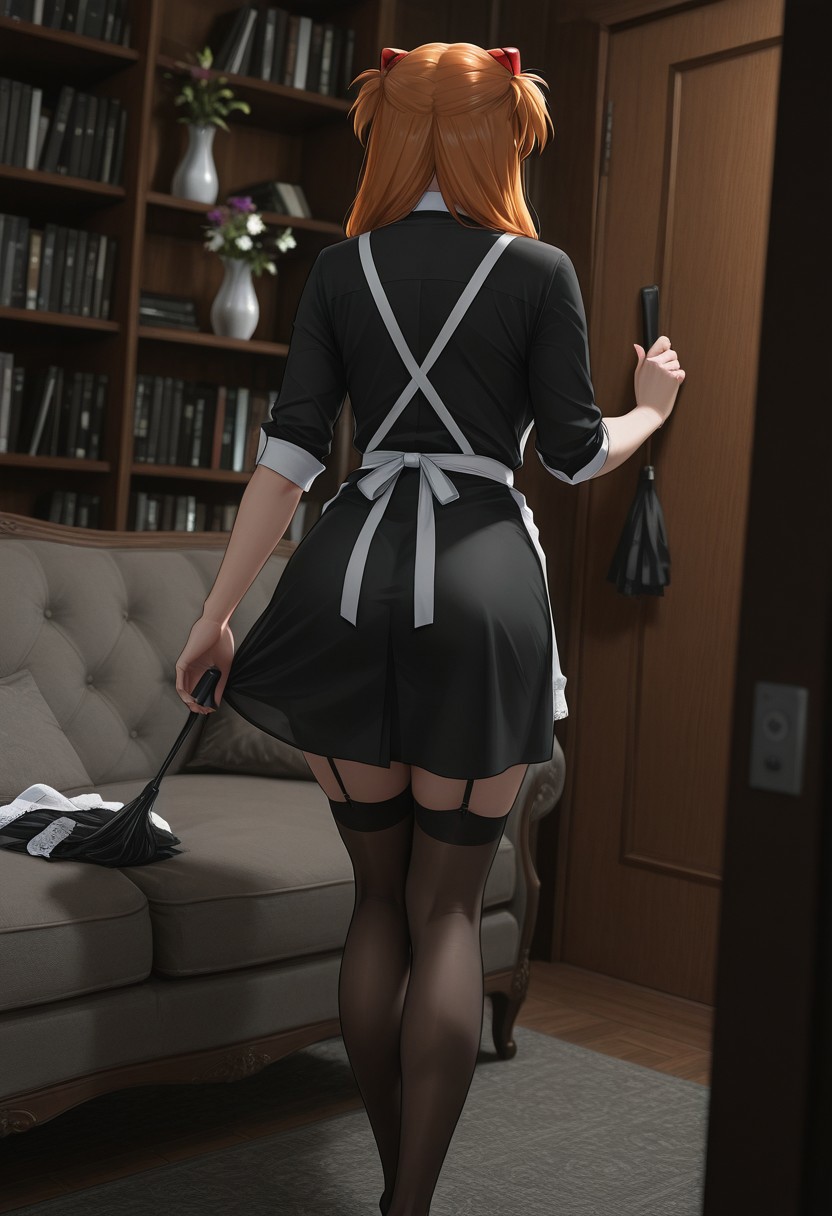 solo,1girl, maid, apron, thighhighs, garter straps, black dress, souryuu_asuka_langley, duster,library,couch, she is dusting off a vase, peeking ass