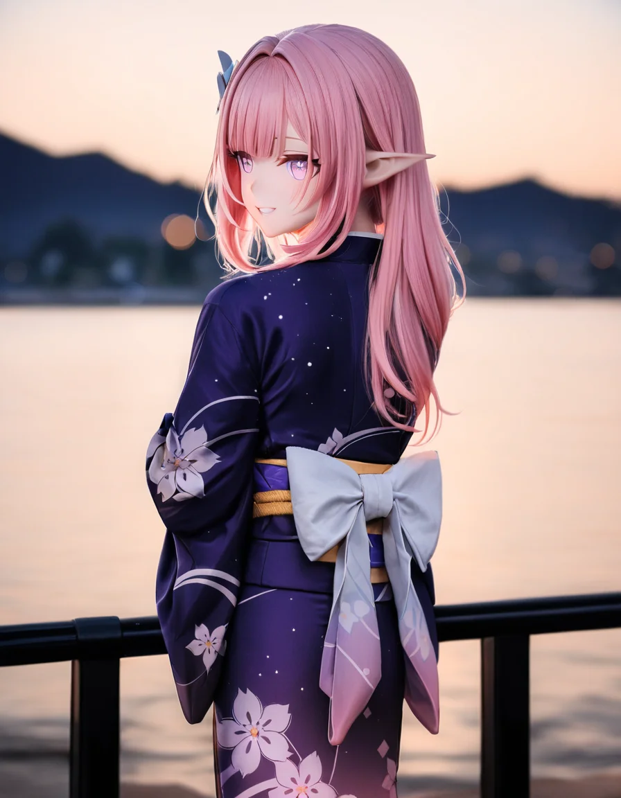 1girl,
elysia \(honkai impact\),
(blurry:1.1), (bokeh:1.1), kimono, evening, night sky, film grain, solo, looking back, white bow, hair intakes, star \(sky\), back bow, japanese clothes, from behind, floral print, print kimono, light, looking at viewer, pink hair, starry sky, yukata, sash, night, purple kimono, parted lips, wide sleeves, long sleeves, sky, pink eyes, bow, pointy ears, depth of field, elf, alternate costume, obi, smile, standing, blurry background, long hair, cowboy shot, sidelocks, teeth,
masterpiece, best quality, safe
<lora:kig_xl_v1-000021:0.8>