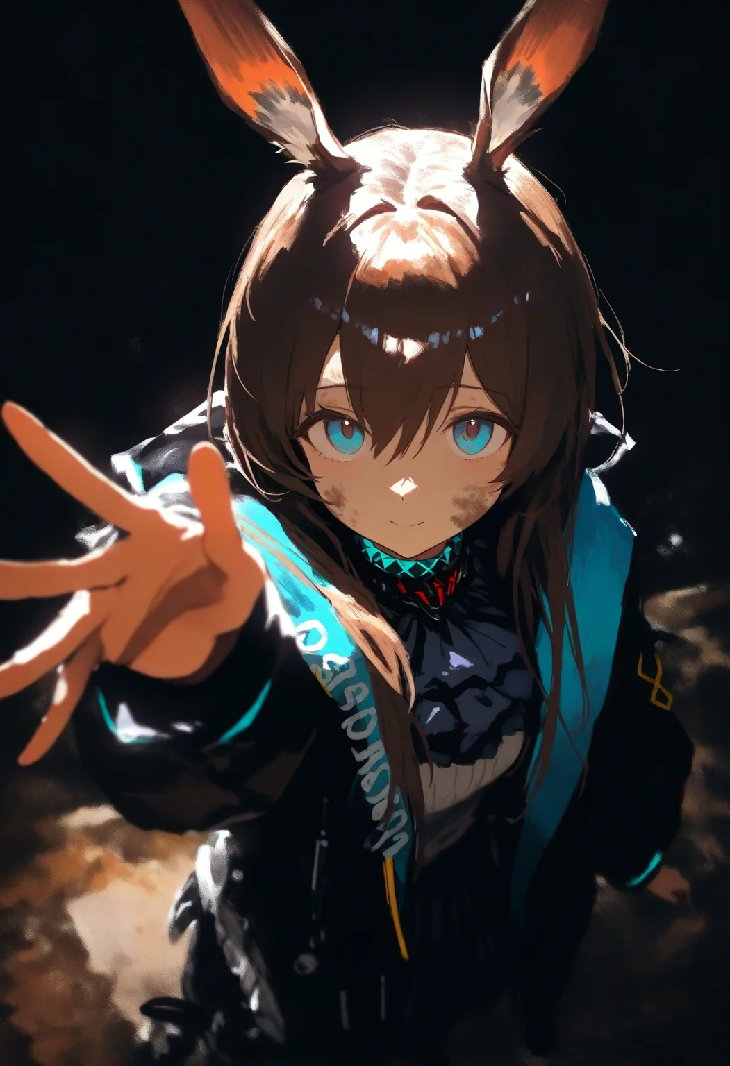 masterpiece, best quality, high score, great score, absurdres, 1girl, amiya \(arknights\), arknights, dirty face, outstretched hand, foreshortening, upper body, dark, dark background, from above, depth of field, faux traditional media, painterly, impressionism, photo background