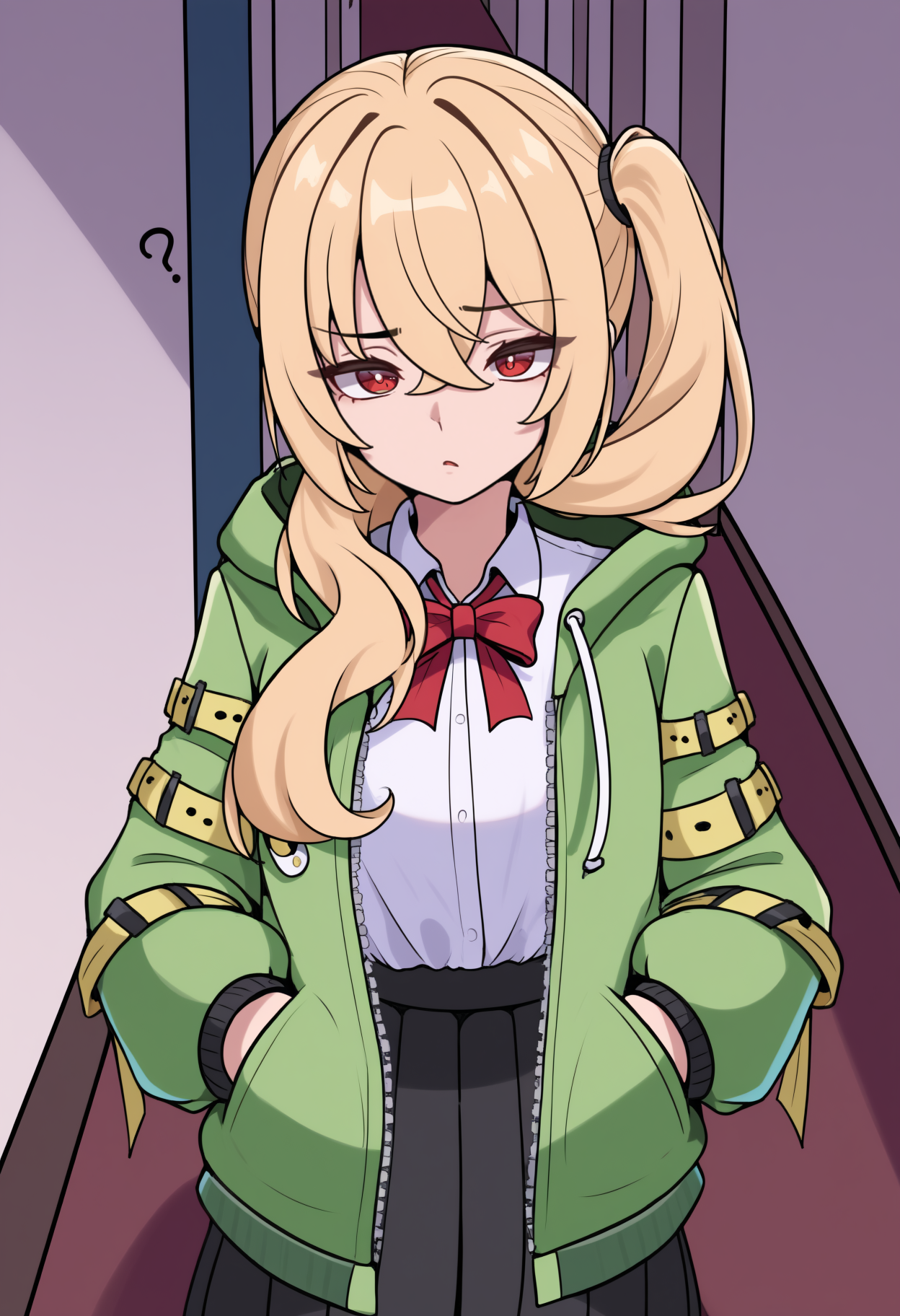 newest, solo, 1girl, confused, looking at viewer, standing, hands in pockets, long hair, blonde hair, hair between eyes, side ponytail, red eyes, raised eyebrow, green jacket, hooded jacket, hood down, open jacket, long sleeves, white shirt, collared shirt, shirt tucked in, red bowtie, black skirt, pleated skirt, indoors, hallway
<segment:yolo-Anzhc Face seg 640 v3 y11n.pt,0.5,1//cid=11>