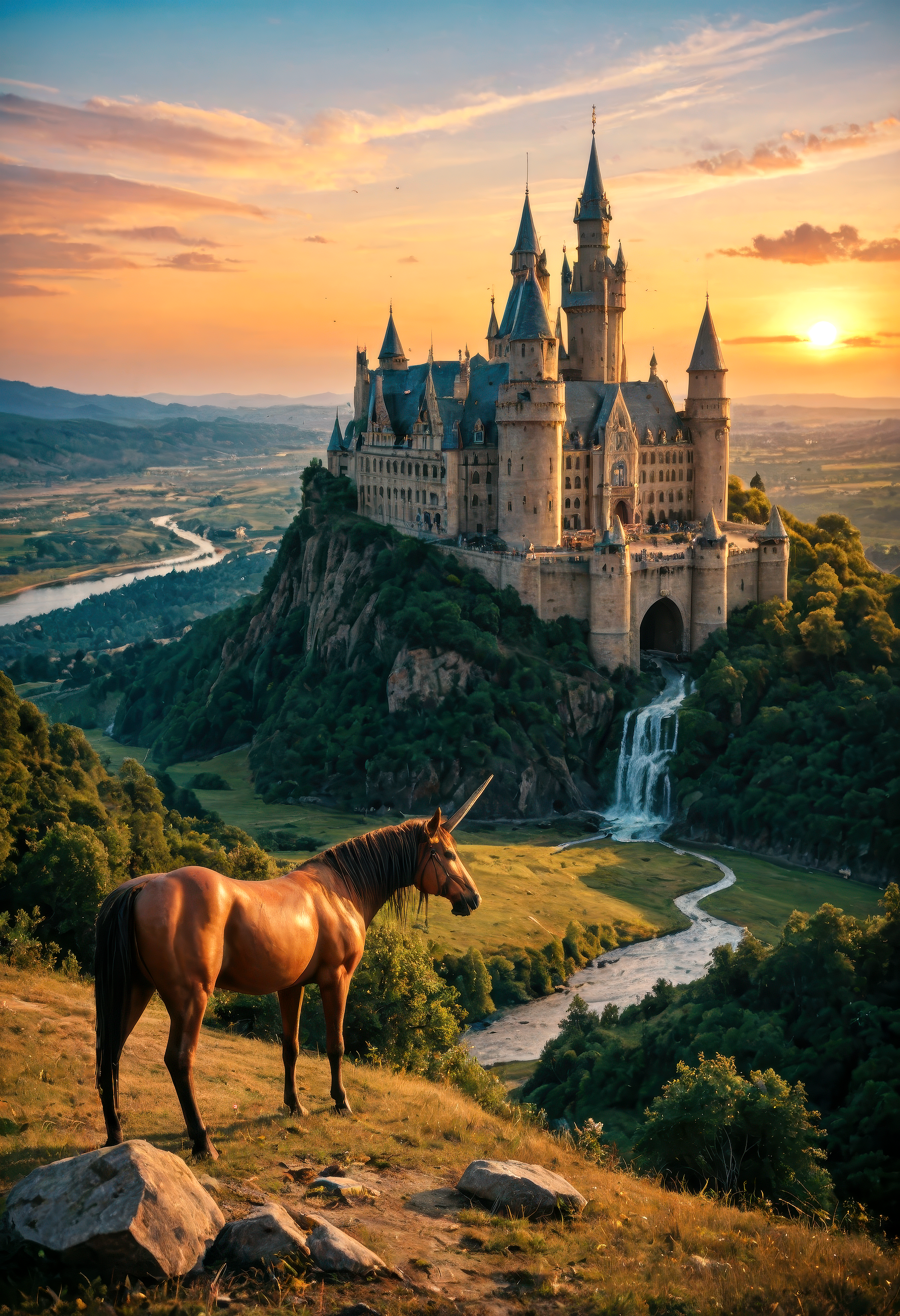 CyberRealisticPony_POSV1, mythical, castle, unicorn, warrior, sunset, landscape, highly detailed, traditional style