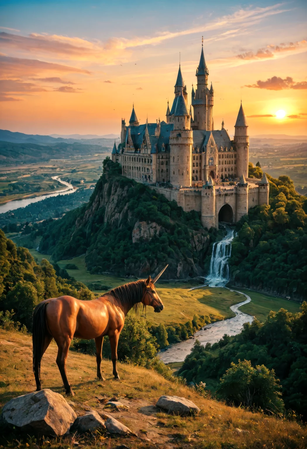 CyberRealisticPony_POSV1, mythical, castle, unicorn, warrior, sunset, landscape, highly detailed, traditional style
