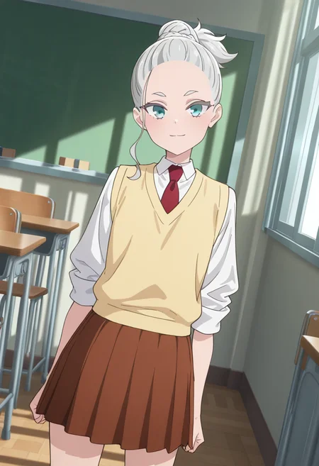 masterpiece,best quality,absurdres,perfect lighting,classroom,
*//*,<lora:HealerGirl_Sonia_Yanagi-Illustrious:1>,sonia_yanagi,1girl,solo,grey hair,aqua eyes,forehead,school uniform,white shirt,collared shirt,sleeves rolled up,red necktie,sweater vest,brown skirt,pleated skirt,white socks,shoes,brown footwear,loafers,
*//*,looking at viewer,cowboy shot,dutch angle,dynamic pose,light smile,