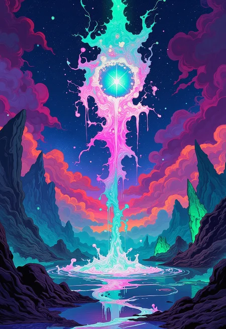 A surreal cosmic landscape featuring a glowing, ethereal catpaw suspended in the starry night sky. The catpaw appears to be melting, with vibrant, magenta and turquoise liquid energy swirling around it. The environment is otherworldly, with jagged glowing lime green crystals and shadowy mountains framing the scene. The sky is alive with stars and nebulas blending hues of deep indigo, purple, and magenta. Clouds tinted with warm bordeaux and crimson contrast the cool tones, adding depth. The flowing liquid radiates a mesmerizing luminescence, creating intricate ripples and light reflections across the ground. The atmosphere feels mystical and infinite, a fusion of cosmic power and ethereal beauty,celestial