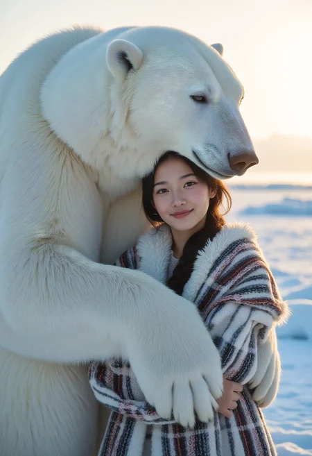 masterpiece, realistic scenery, ultra high quality, a gorgeous 23yo inuit woman hugs a huge polar bear, arctic ice, sunrays