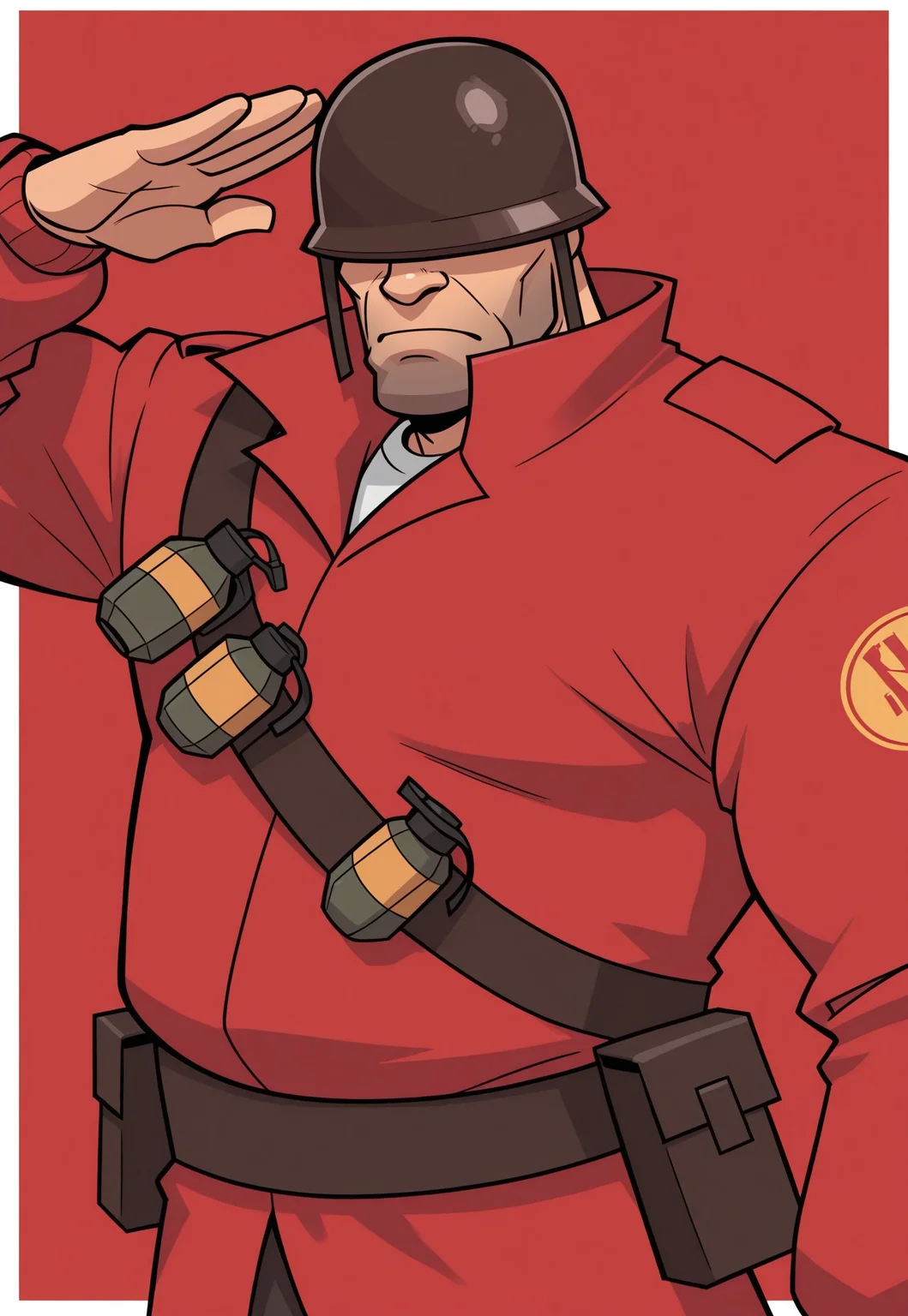 anime, rough sketch, sketchy lineart, black lineart, pencil drawing, sharp edges, masterpiece, best quality, detailed background, 8k, 1boy, man, solo, soldier (tf2), mature man, helmet, hidden eyes, white shirt, red coat, belt, belt pouch, grenades, grenade pouch, serious, saluting, chubby man, muscular man, cartoony proportions, half body, face focus, close up, face focus, turning to viewer, looking at viewer, dynamic pose, red background, white background