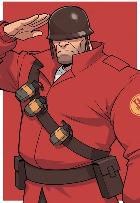 anime, rough sketch, sketchy lineart, black lineart, pencil drawing, sharp edges, masterpiece, best quality, detailed background, 8k, 1boy, man, solo, soldier (tf2), mature man, helmet, hidden eyes, white shirt, red coat, belt, belt pouch, grenades, grenade pouch, serious, saluting, chubby man, muscular man, cartoony proportions, half body, face focus, close up, face focus, turning to viewer, looking at viewer, dynamic pose, red background, white background
