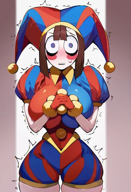 ASCII score_9, score_8_up, score_7_up, score_6_up, score_5_up, score_4_up, the amazing digital circus, pomni, colored skin, blush stickers, jester cap, striped clothes, puffy short sleeves, mismatched gloves, puffy shorts, jester, red blue and yellow colored jester outfit, jester hat, big red and blue spiral eyes, nervous, hands together in lap, elbows pressing into chest, breast squish, center of image, middle of the shot, central position, standing, wide eyed, blushing, messy brown hair, wide hips, thick thighs, narrow waist, curvy, massive breasts, studio lighting, best quality, high detail, sharp focus, trembling, middle of shot, center of image, symmetrical framing, spiral eyes, nipple outline,