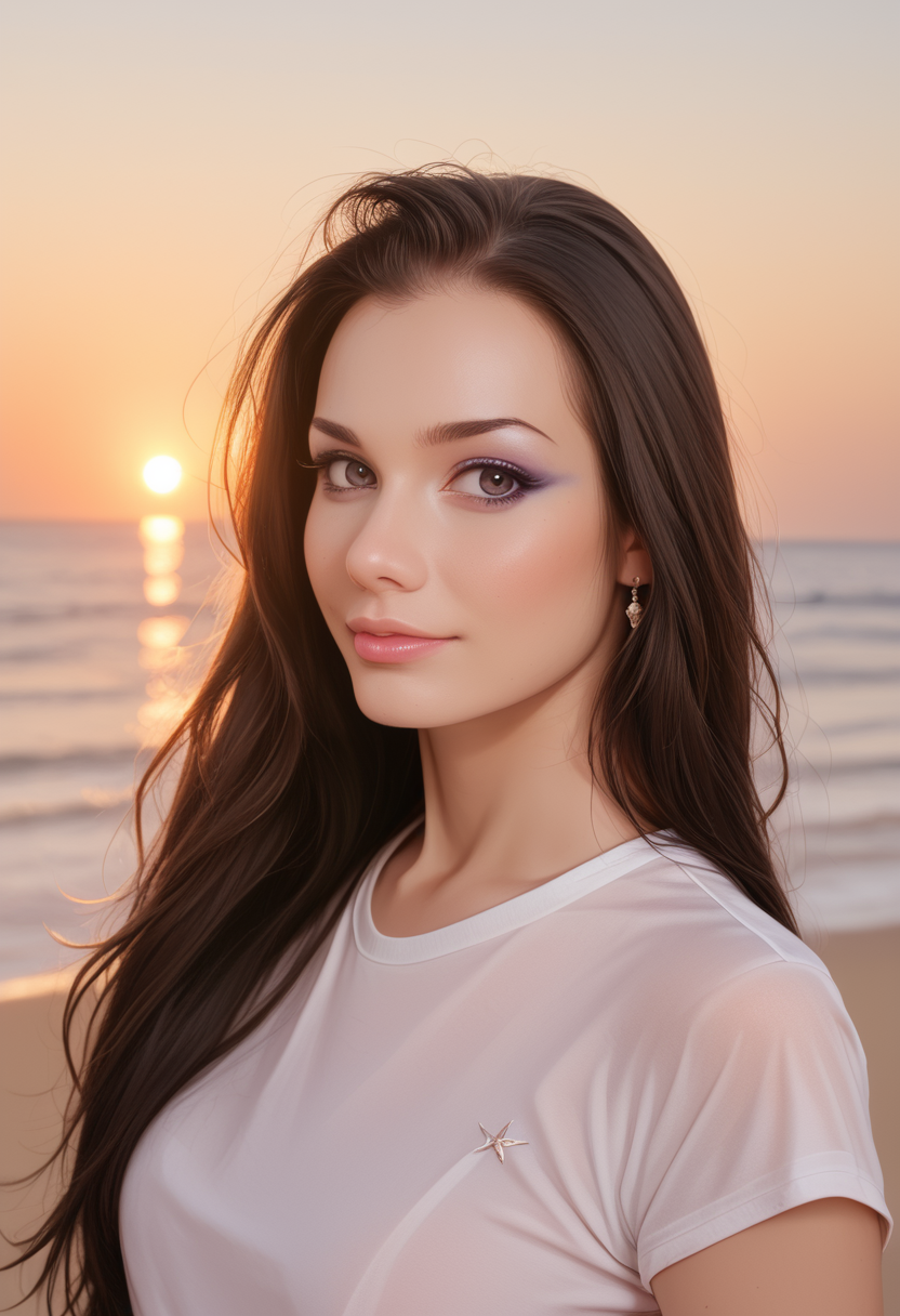 score_9, score_8_up, score_7_up, K4l3n4Rios, Kalena Rios, <lora:K4l3n4Rios-000008-pony:1>, 1girl, skin pores, 8k, skin texture, details, makeup, lips, long hair, white t-shirt, portrait, solo, looking at viewer, bokeh, focus, film, ektachrome, details, sharpened, grain, photograph, beachside, sunset, magic hour, artistic, best quality, photograph, focus