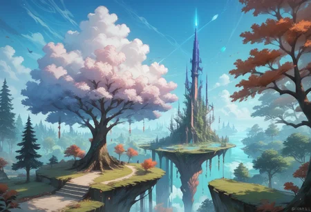 (score_9), (score_8_up), (score_7_up), (Cell Shading), (source_anime)+, (masterpiece), best quality, tree, bioluminescent trees, floating islands, fantasy aesthetic, misty atmosphere, surreal sky, style-sylvamagic, lucid void