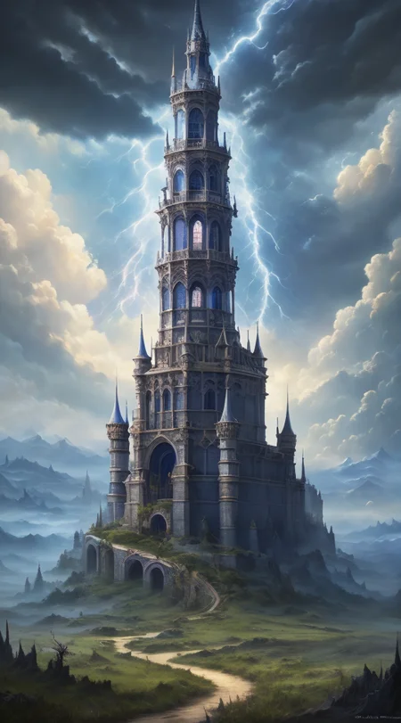 Masterwork Painting, Magnum Opus, 
HDR photo of 
Dreamscape, 
ethereal fantasy concept art of  
 <lora:Wizard_Tower-10:0.75> witow, castle, cloud, cloudy sky, grass, no humans, scenery, sky, tower, tree, 
 <lora:locon_conceptlightning_v1_from_v1_64_32:1> lghtnngprsn, lightning, storm,
. magnificent, celestial, ethereal, painterly, epic, majestic, magical, fantasy art, cover art, dreamy,
. Surreal, ethereal, dreamy, mysterious, fantasy, highly detailed,
. High dynamic range, vivid, rich details, clear shadows and highlights, realistic, intense, enhanced contrast, highly detailed,
  highres, 8k, uhd, High Dynamic Range, tonemapping, crisp details,  intricate details, fine details
