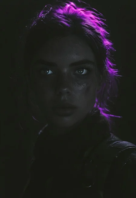 super closeup portrait, a lightly freckled sci-fi woman wearing a worn-out, tattered space Overall, high collar, Open mouth, She stands in a heavily magenta-lit airlock, looking startled into the camera. Her hair is disheveled and tied up messily, and there's a faint silhouette of brighter light resembling ski goggles on her face, surrounded by a slight haze.
deep Blacks, very detailed, atmospheric haze, Film grain, creating a hyperpunk scene with desaturated dark purple and black details, colorful (polaroid:0.7) with vibrant colors, (vacations, high resolution:1.3), (small, selective focus, european film:1.2), (sexual advance:1.1), closeup