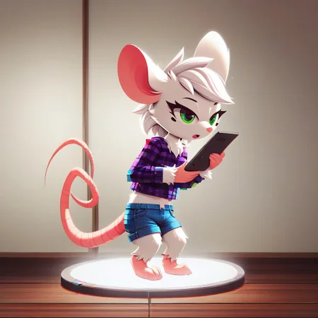 Super Animal Royale, glitch style, flickering, digital, detailxl, score_9, score_8_up, score_7_up, score_6_up, score_5_up,side view, detailed eyes, detailed face, detailed hands, top down full body view, NightScapes, Reggie,1boy,solo,furry male,mouse,green eyes,short hair, white hair,body fur,white fur, cozy atmosphere, creative light overlay, 4k, masterpiece, (masterpiece), best quality, (4K), (cinematic lighting), highly detailed, 8K, UHD, ultra detailed, immersive picture, vivid colors, volumetric light, cinematic light, extremely detailed CG, mouse is wearing hotpants and a flower in her hair while holding a tablet while hacking into the matrix