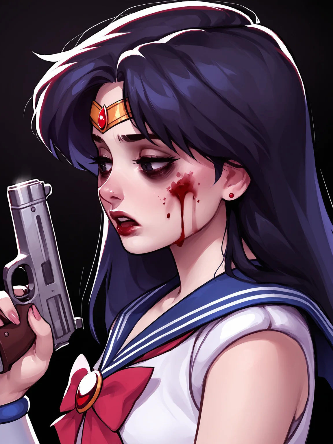 score_9, score_8_up, score_7_up, score_6_up, score_5_up, score_4_up, rating_safe
BREAK
sailor mars, circlet, black hair, black eyes, looking away, tired, half-closed eyes, bags under eyes, sigh, open mouth, looking down, blood on face, blood splatter,
BREAK
solo, portrait, magical girl, red serafuku, from side, holding gun, handgun, blood on weapon,
BREAK
black background, <lora:Lunas-SashaKhmel-SDXL-A1:1>