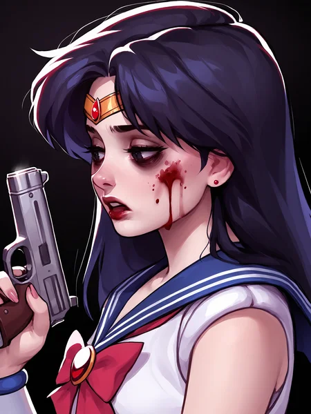 score_9, score_8_up, score_7_up, score_6_up, score_5_up, score_4_up, rating_safe
BREAK
sailor mars, circlet, black hair, black eyes, looking away, tired, half-closed eyes, bags under eyes, sigh, open mouth, looking down, blood on face, blood splatter,
BREAK
solo, portrait, magical girl, red serafuku, from side, holding gun, handgun, blood on weapon,
BREAK
black background, <lora:Lunas-SashaKhmel-SDXL-A1:1>