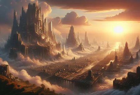 (scenery:1.2), metropolis, horizon, (photo background:1.2), cloud, sunset, landscape, post-apocalypse