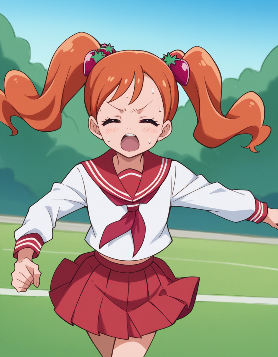 score_9, score_8_up, score_7_up, source_anime,
<lora:ichika-usami-anime-ponyxl-lora-nochekaiser:1>, ichika usami, hair ornament, twintails,
skirt, long sleeves, school uniform, serafuku, sailor collar, orange hair, red skirt, food-themed hair ornament, red sailor collar, strawberry hair ornament,
outdoors, running, sweating, open mouth, closed eyes,
looking at viewer, cowboy shot, dutch angle, solo,