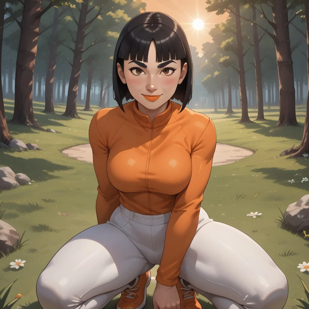 score_9, score_8, BREAK, solo, wii, mii, 1girl, female mii, brown eyes, blush, black hair, lips, orange clothing, white pants, shoes, cute, nintendo mii, modern_mii, classic_mii, breasts, marisa_(wii_sports), wii sports, black eyebrows, sexy pose, smile, outdoors, sunlight, shadows, evening lighting, natural lighting, forest, trees, grass, orange sky, sunset
