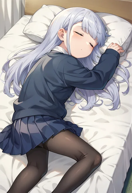 score_9, score_8_up, score_7_up, source_anime, masterpiece, 1girl, ctianaharen, school uniform, collared shirt, cardigan, blue skirt, black pantyhose, lying, on back, dakimura, bed, pillow, sleeping, long hair, <lora:Reinaaharen_pony_ct:0.9>