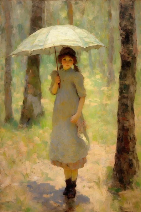 <lora:Theodore Robinson Style:1>Theodore Robinson Style - Impressionist woods girl holding an umbrella