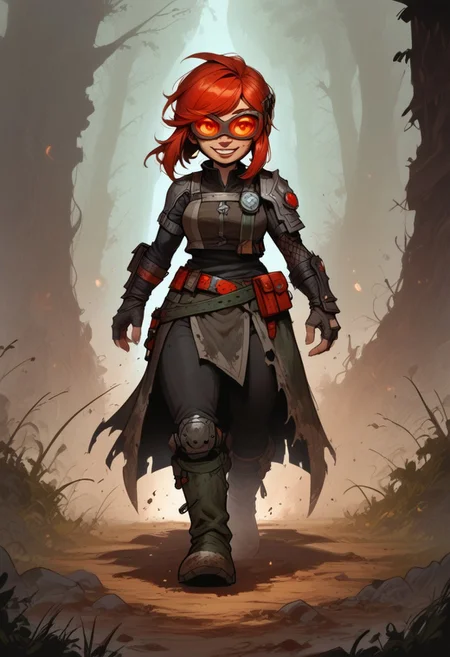 thick outlines, extremely detailed, sharp focus, HD, 1girl, solo, a gnome woman, with short red hair and large swept bangs, wearing goggles with glowing green lenses, dark red mail, with green chain boots, silver rectangular shield, sword on her hip, confident smile, walking, eyes to the side. Setting forest, dirt path, dark grass, fog, low light.