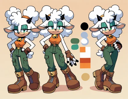 score_9, score_8_up, flat color, flat shading, 1girl, solo, lanolin the sheep, sonic (series), upper body, half-closed eyes, smug, smirk, (white body fur:1.1), wide hips, narrow waist, orange tank top, green pants, brown boots, fingerless gloves, shirt lift, hand on own hip, ref sheet, expression sheet <lora:LanolinSDXL:0.70> <lora:Anime Style 2 SDXL_LoRA_Pony Diffusion V6 XL:1>